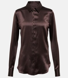 Шелковая атласная рубашка SAINT LAURENT, коричневый