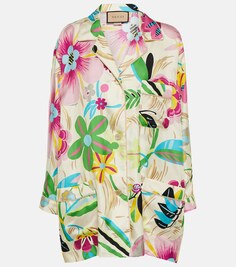 Шелковая рубашка с цветочным принтом GUCCI, разноцветный