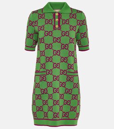 Жаккардовое платье мини с шерстяным принтом и узором GG GUCCI, зеленый