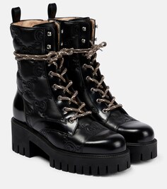 Стеганые кожаные ботинки на шнуровке с узором GG Gucci, черный
