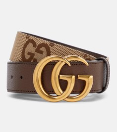 Холщовый ремень Jumbo GG Marmont с кожаной отделкой Gucci, коричневый