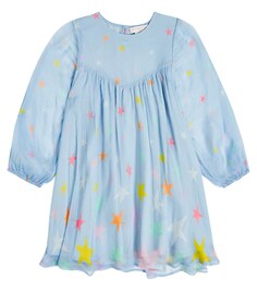 Платье из шелкового шифона с принтом Stella McCartney Kids, синий