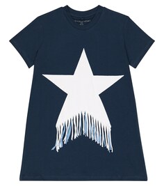 Платье-футболка из хлопкового джерси с бахромой и звездами Stella McCartney Kids, синий