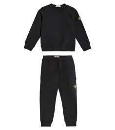Хлопковые спортивные штаны и толстовка с логотипом Stone Island Junior, черный