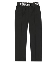 Хлопковые брюки с высокой посадкой и логотипом Versace, черный