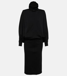 Платье макси из шерстяного джерси с отделкой из тюля SAINT LAURENT, черный