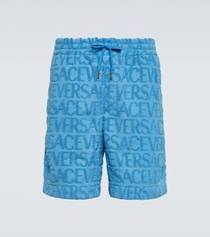 Хлопковые жаккардовые шорты с логотипом Versace, синий
