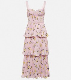 Атласное платье миди с цветочным принтом SELF-PORTRAIT, розовый