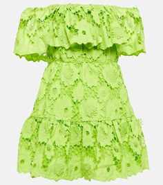Мини-платье из хлопкового кружева с открытыми плечами SELF-PORTRAIT, зеленый