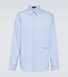 Хлопковая рубашка в тонкую полоску с вышивкой Versace, синий