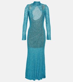 Расшитое бисером платье макси с открытой спиной SELF-PORTRAIT, синий
