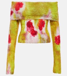 Вязаный свитер с открытыми плечами и цветочным принтом ACNE STUDIOS, разноцветный