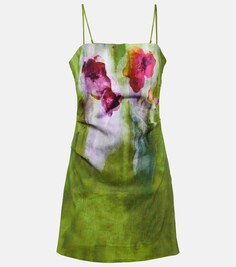 Мини-платье из смесовой льняной ткани с цветочным принтом ACNE STUDIOS, зеленый