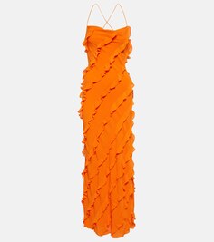 Платье макси из крепа с оборками STAUD, оранжевый
