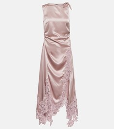 Атласное платье миди с кружевом ACNE STUDIOS, розовый