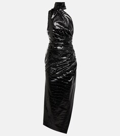 Асимметричное платье миди с тиснением под кожу крокодила ALAÏA, черный