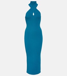 Облегающее платье миди с вырезом халтер ALAÏA, синий