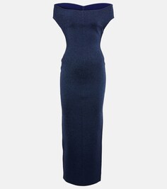 Платье с открытыми плечами из смесовой шерсти с люрексом ALAÏA, синий