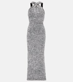 Платье металлизированного трикотажа с вырезом халтер ALAÏA, серебряный