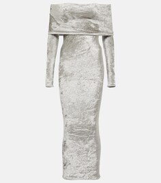 Бархатное платье миди с открытыми плечами ALAÏA, серебряный