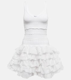 Трикотажное мини-платье с оборками ALAÏA, белый