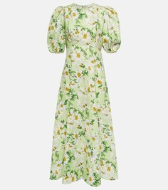 Льняное платье миди Astra с цветочным принтом ALÉMAIS, зеленый