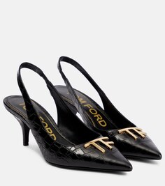 Туфли-лодочки с ремешком на пятке из кожи с эффектом крокодила Tom Ford, черный