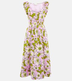 Платье миди из хлопкового поплина с цветочным принтом TORY BURCH, разноцветный