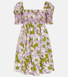 Мини-платье из присборенного хлопка с цветочным принтом TORY BURCH, разноцветный