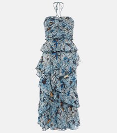 Платье миди Simona из смесового хлопка с принтом ULLA JOHNSON, синий