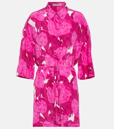 Платье-рубашка из шелка с поясом и цветочным принтом VALENTINO, розовый