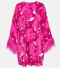 Шелковое мини-платье с цветочным принтом и отделкой перьями VALENTINO, розовый