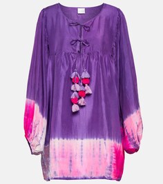 Шелковое мини-платье с помпонами, окрашенное в технике тай-дай ANNA KOSTUROVA, фиолетовый