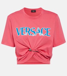 Укороченный топ из хлопка с логотипом VERSACE, синий