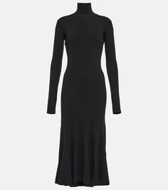 Платье миди из смесовой шерсти с высоким воротником BALENCIAGA, черный