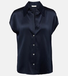 Блузка из шелкового атласа с рюшами VINCE, синий
