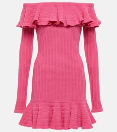 Шерстяное мини-платье с открытыми плечами и оборками BLUMARINE, розовый