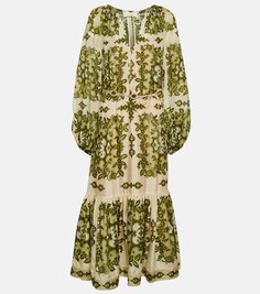 Ярусное шелковое платье миди Raie с принтом ZIMMERMANN, зеленый