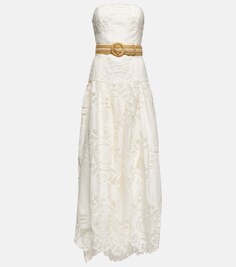 Льняное кружевное платье миди Vacay с поясом ZIMMERMANN, белый