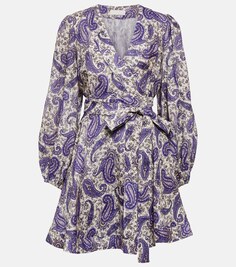 Льняное мини-платье с запахом пейсли ZIMMERMANN, фиолетовый