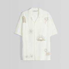 Рубашка Bershka Rustic Short Sleeve With Embroidery, кремовый