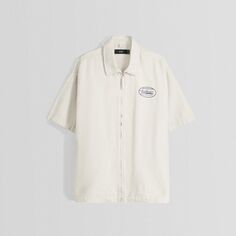 Рубашка Bershka Cotton Short Sleeve Print, бежевый
