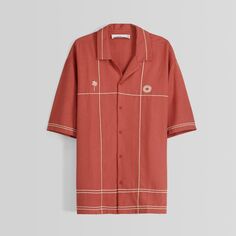 Рубашка Bershka Rustic Short Sleeve With Embroidery, красно-оранжевый