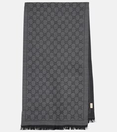 Шерстяной жаккардовый шарф с узором GG Gucci, серый