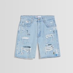 Джинсовые шорты Bershka Ripped Bermuda With Paint Splatter, голубой