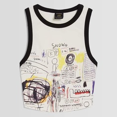 Топ Bershka Jean-Michel Basquiat Print Cropped, белый/черный
