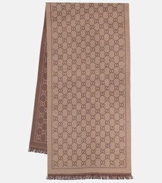 Шерстяной жаккардовый шарф с узором GG Gucci, коричневый