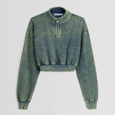 Свитшот Bershka Washed-effect Cropped, сине-зеленый