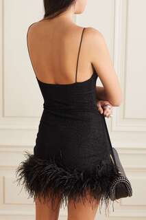 OSÉREE Платье мини Lumière из металлизированного трикотажа стрейч с отделкой перьями, черный