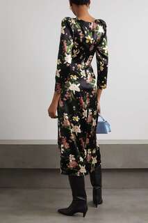 REFORMATION платье миди Cassis с цветочным принтом и запахом из шелкового атласа, черный
